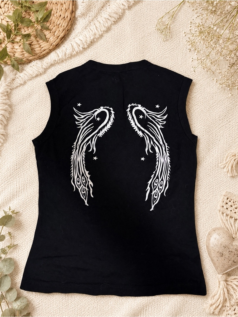 Angels Exist Sleeveless Top S Black Wing Graphic Y2K